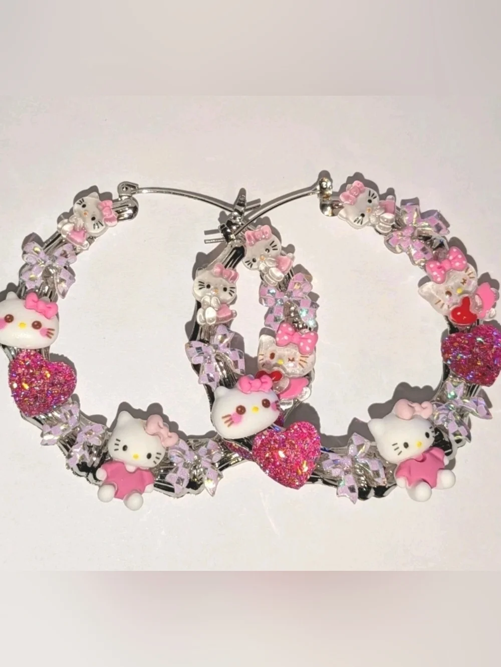 Hand Crafted Pink Hello Kitty Crystal Heart Hoop Earrings